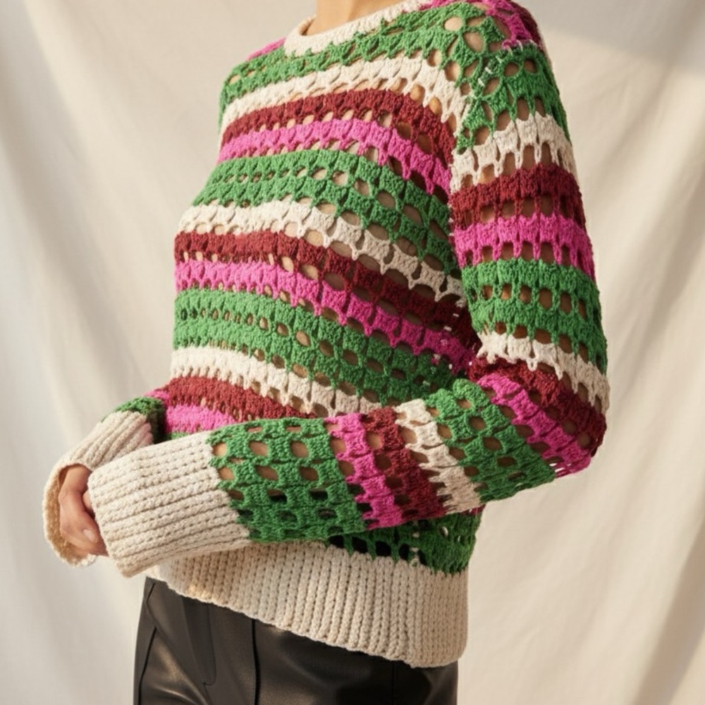 Open Knit Crochet Stripe Greylin Multicolor Sweater Top Size L Large